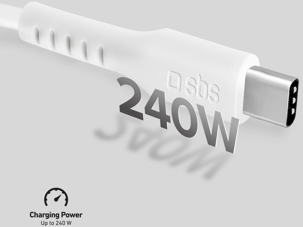 Ein weißes USB-C-Kabel mit 240W Ladeleistung und SBS-Logo.