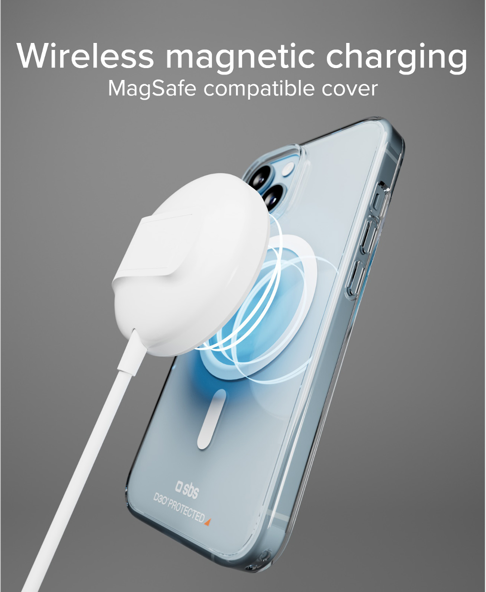 Ein weißes MagSafe Ladegerät lädt ein transparentes iPhone-Case auf einem grauen Hintergrund.