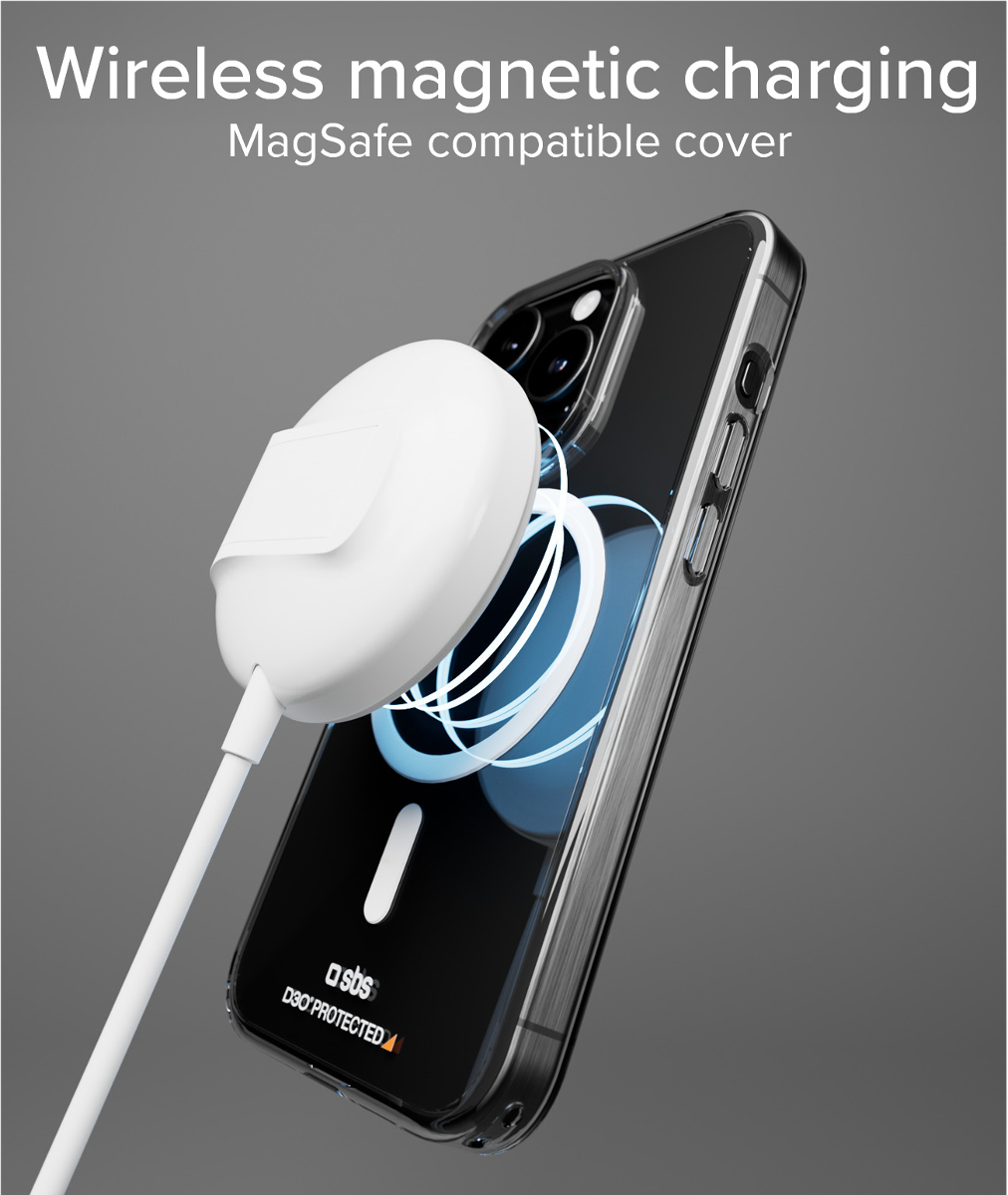Ein weißes MagSafe-Ladegerät lädt ein transparentes iPhone-Gehäuse mit blauem Schein.
