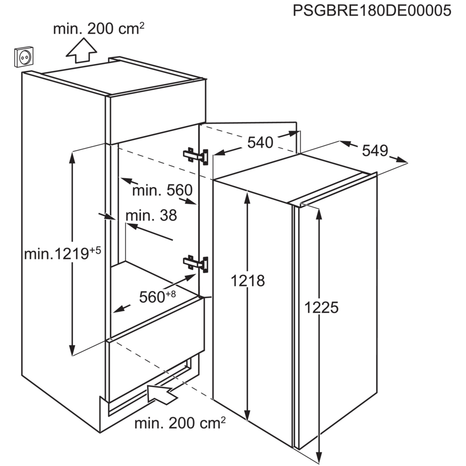 Technical drawing of a refrigerator with dimensions and installation notes.