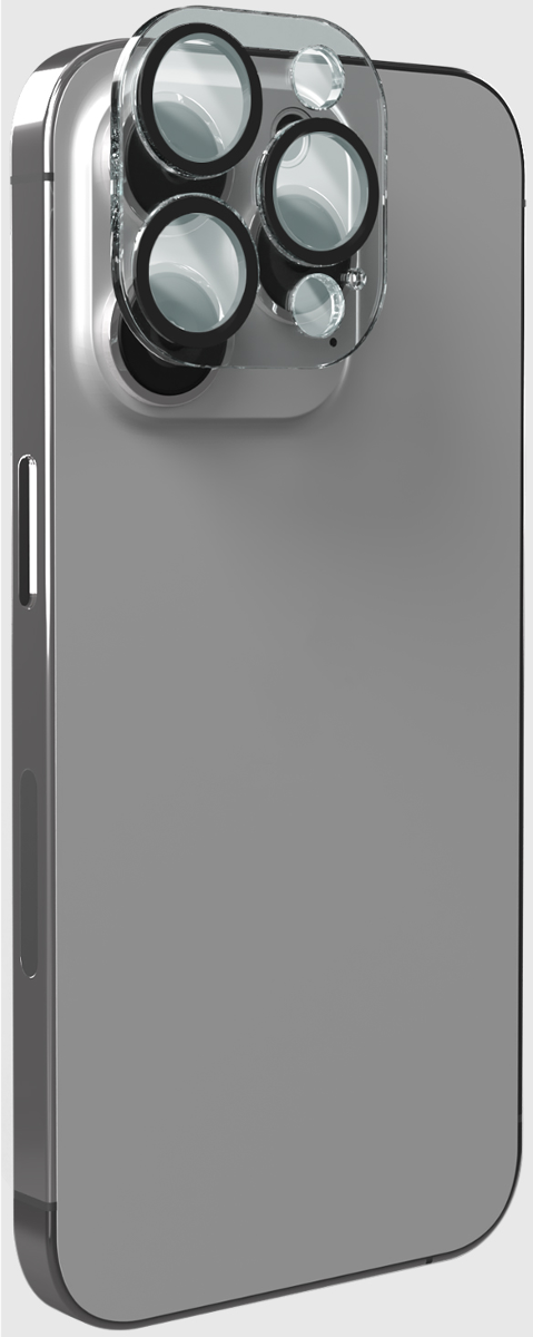 Rückseite eines grauen Smartphones mit vier Kameralinsen in einem durchsichtigen Gehäuse.