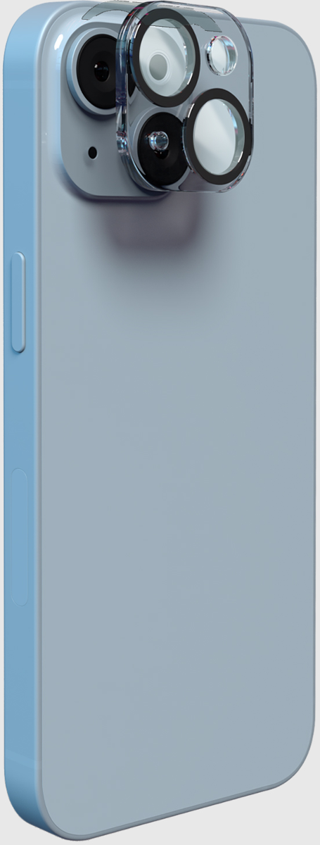 Ein blaues Smartphone mit einer transparenten Kameralinse.