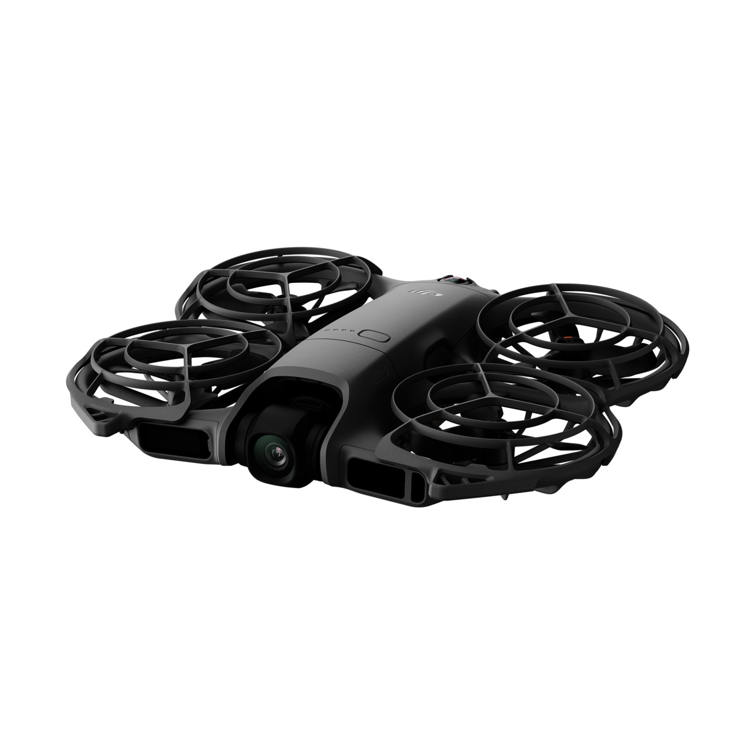 Un mini quadricottero nero con fotocamera e protezioni elica.