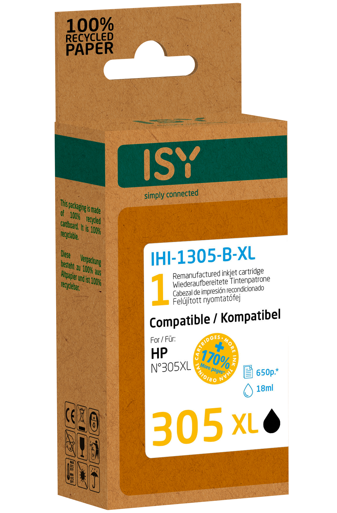 ISY 305 XL tintapatron HP-hez, 100% újrahasznosított papír, 18ml.
