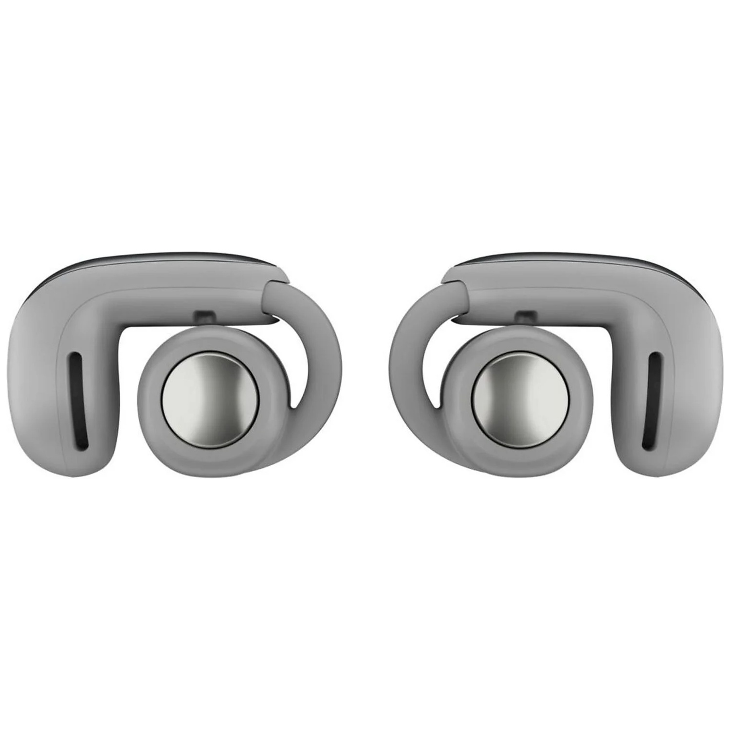 Two gray earbuds with silver accents, side by side on a white background.