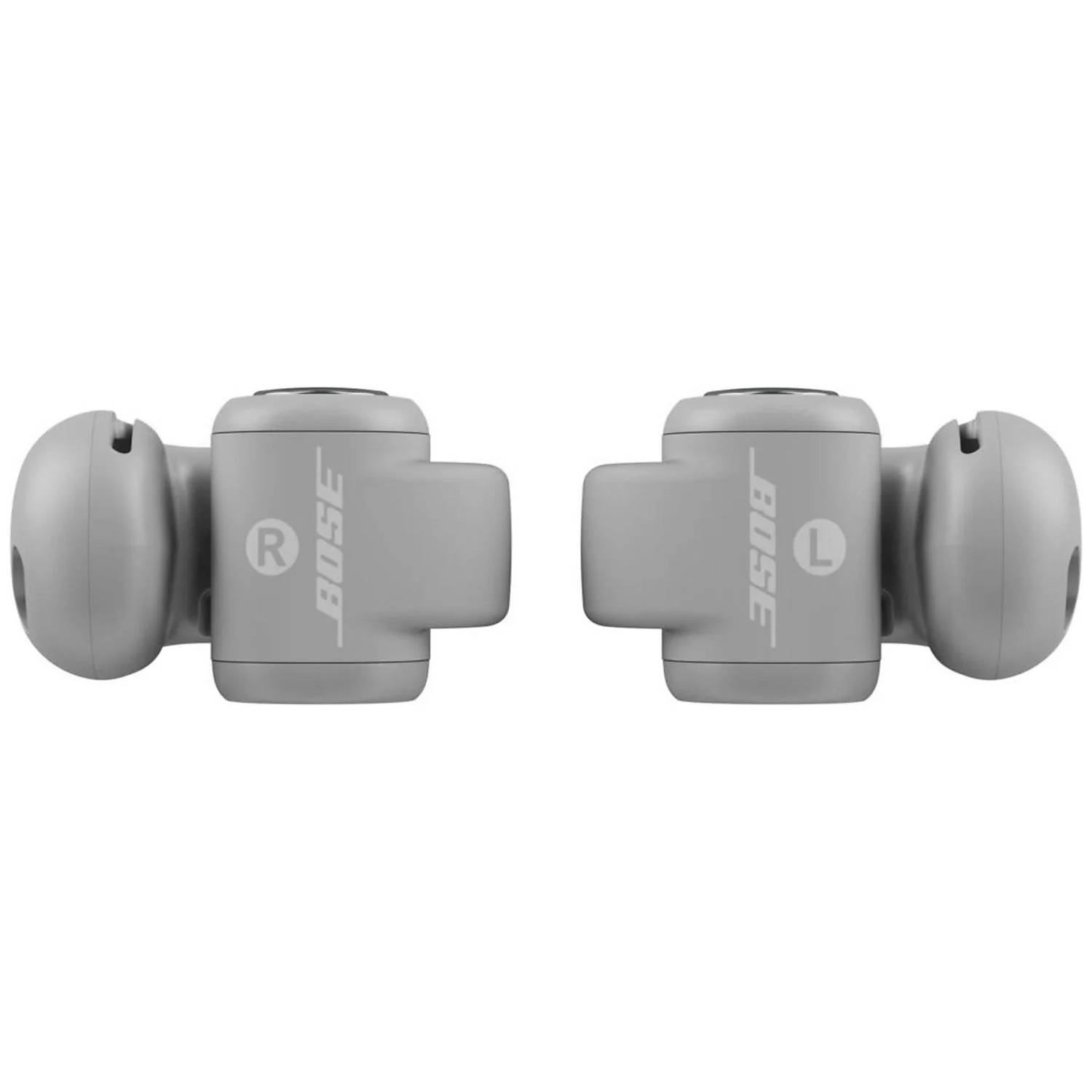 Two gray Bose earbuds, left and right, against a white background.