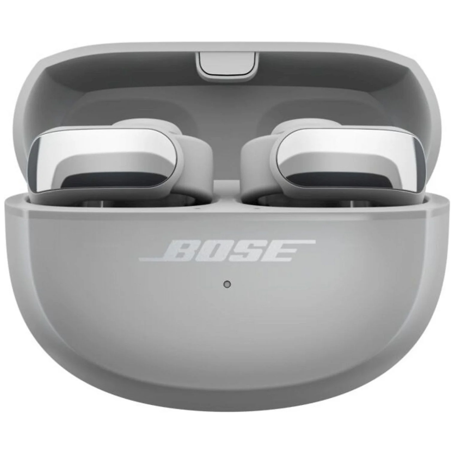Gray Bose earbuds in an open charging case with silver accents.