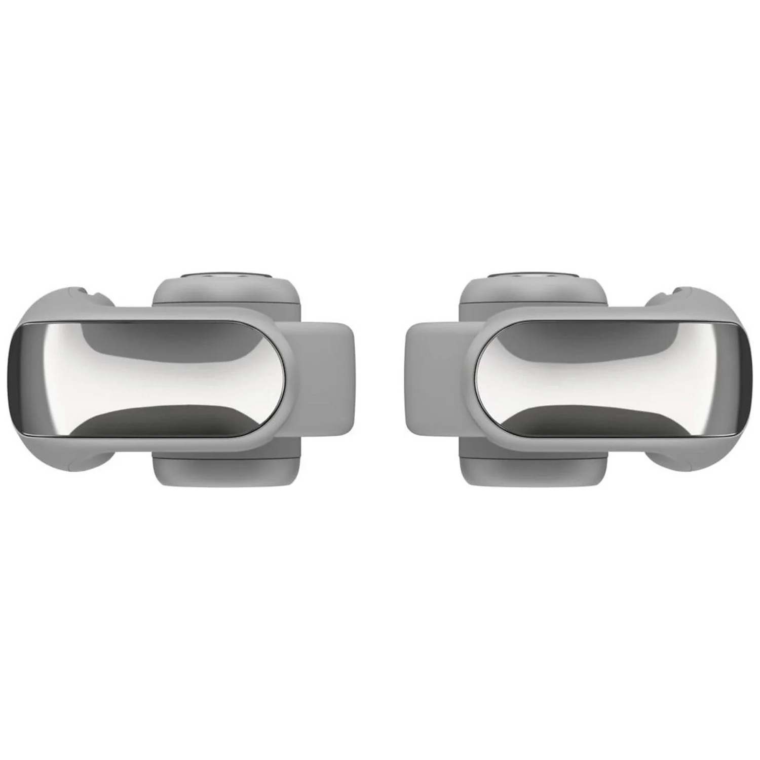 Two gray bicycle pedals with shiny silver reflectors, white background.