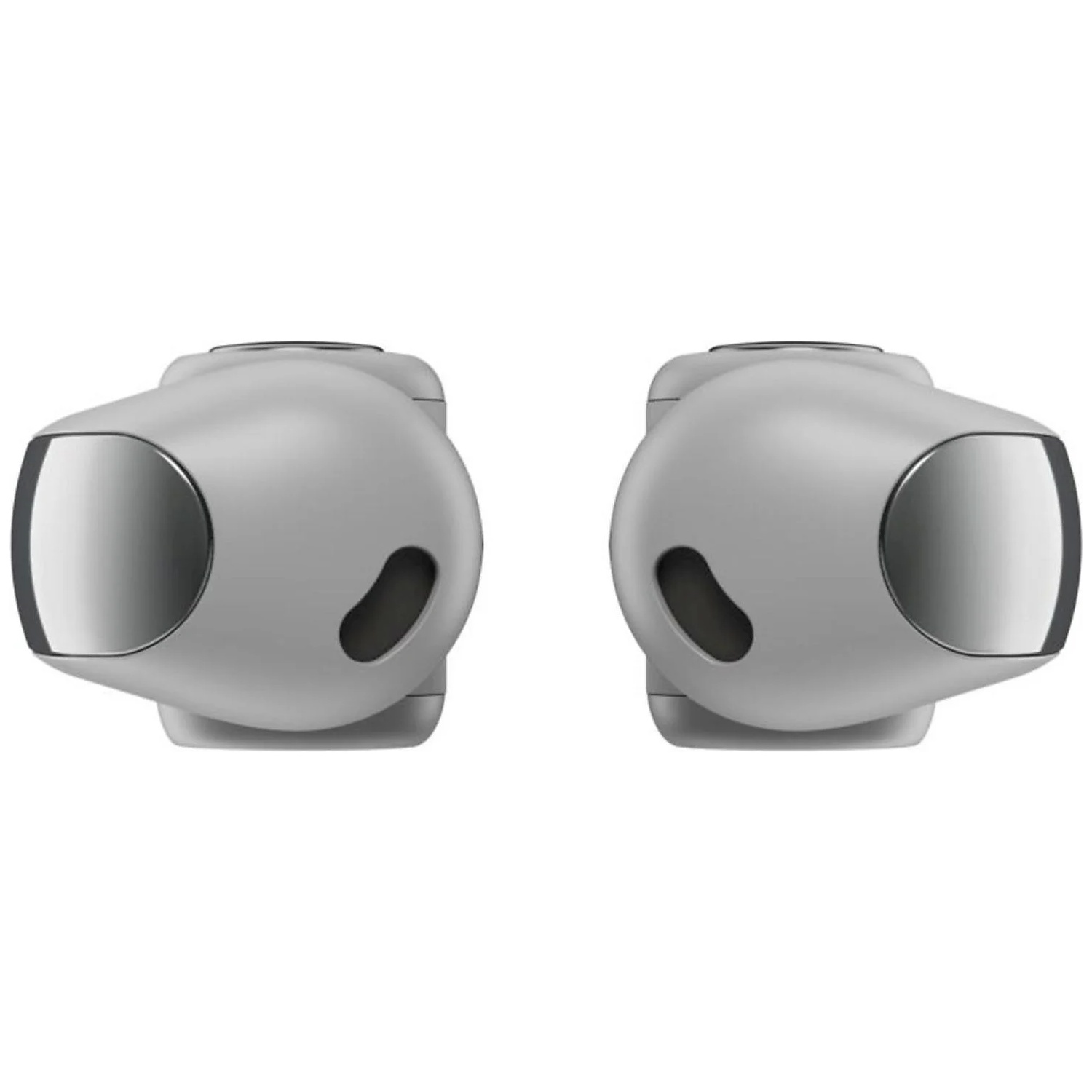 Two white earbuds with silver accents stand side-by-side.