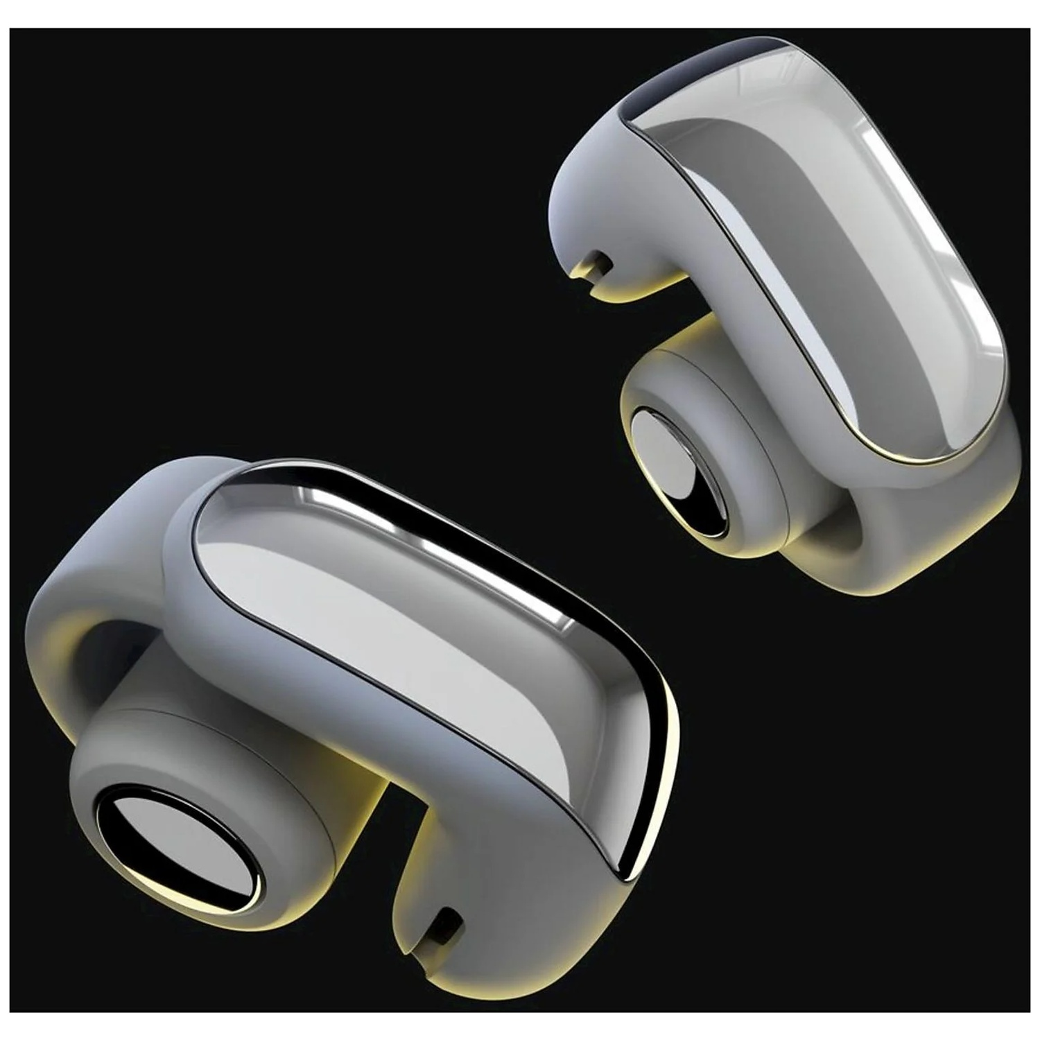 Two grey wireless earbuds with silver accents on a black background.