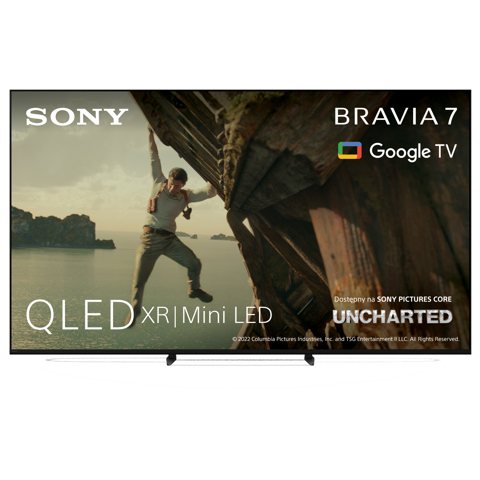 Telewizor Sony Bravia 7 z filmem Uncharted, mężczyzna trzyma się statku.