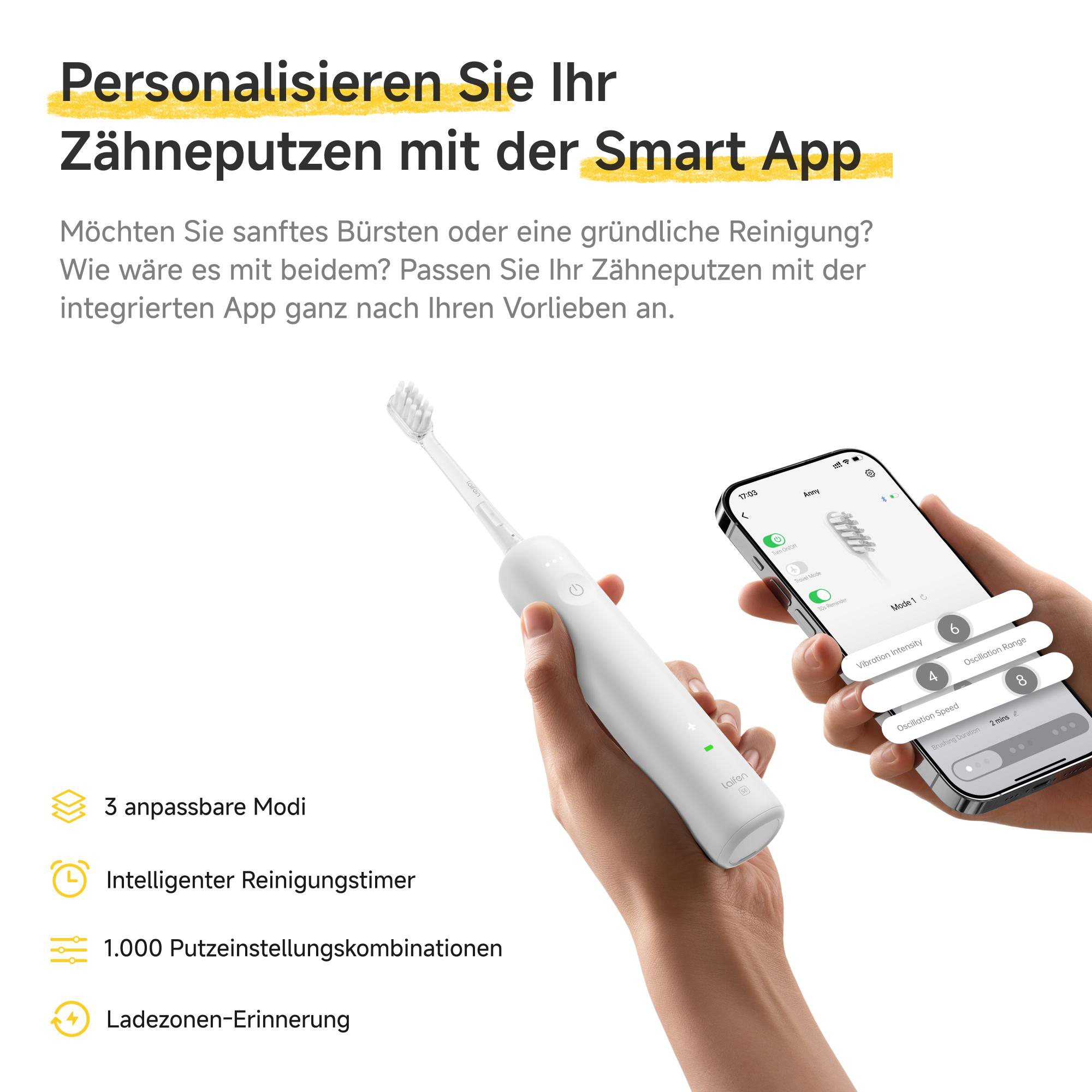 Eine Hand hält eine weiße elektrische Zahnbürste und ein Smartphone mit App.