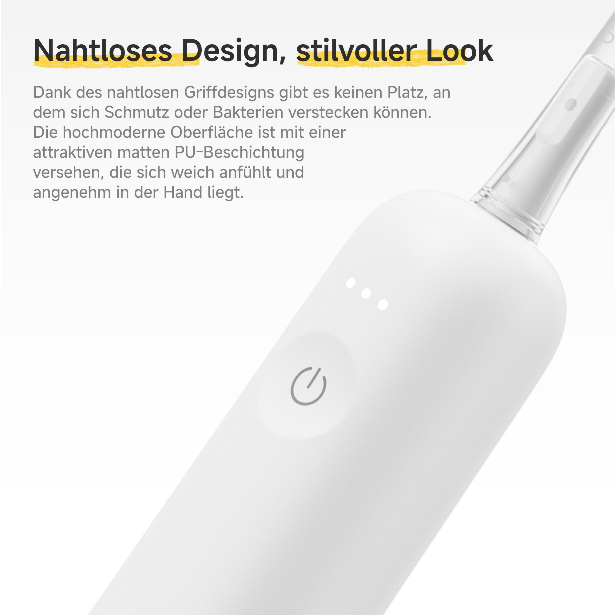 Ein weißer elektrischer Zahnbürstenkopf mit matter Oberfläche und einem Power-Button.