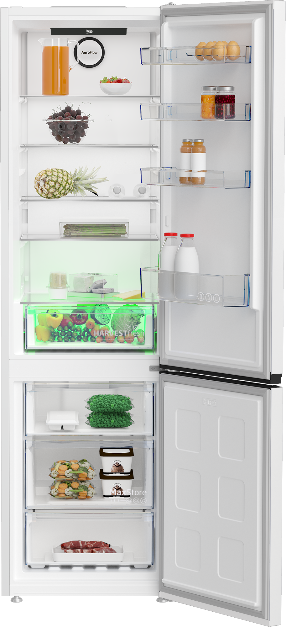 Otwarta lodówka z sokiem, jagodami, ananasem, warzywami, lodami i mięsem.