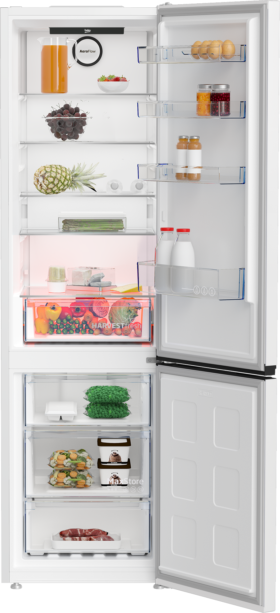 Otwarta lodówka wypełniona jedzeniem: sok, truskawki, wiśnie, ananas, warzywa, jajka, dżem, mleko, mięso, lody.