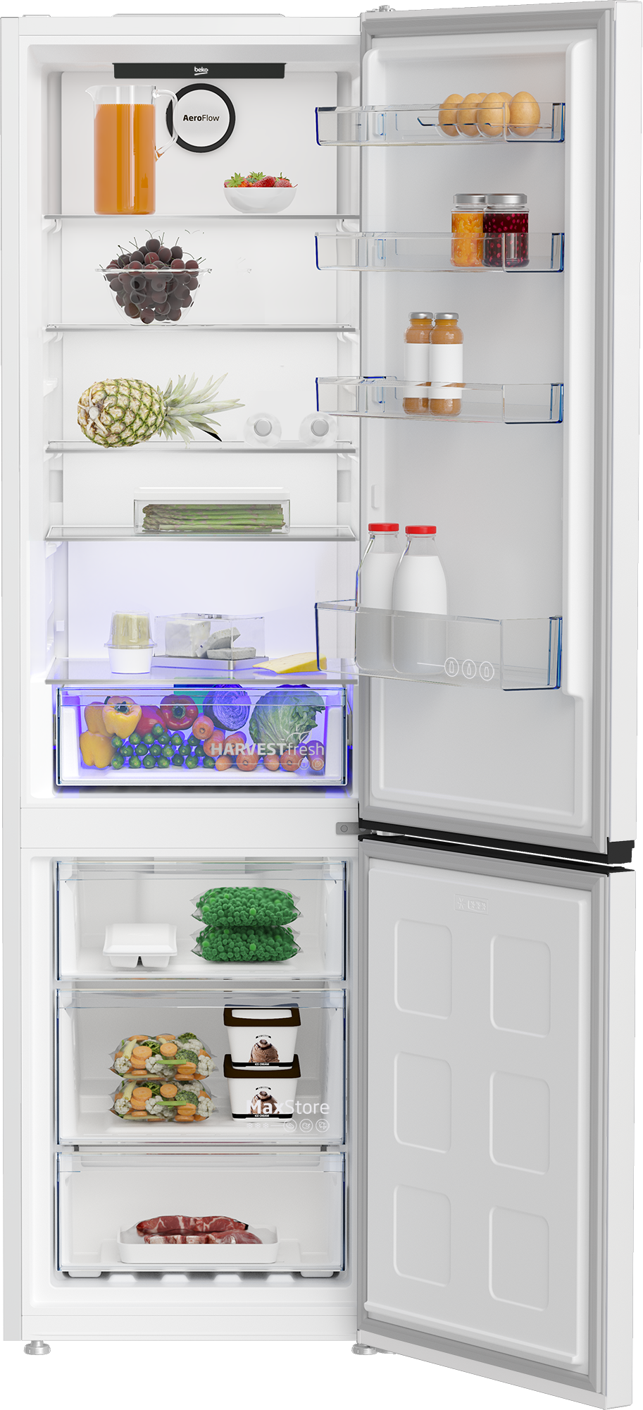 Otwarta lodówka z sokiem, owocami, warzywami, jajkami, mlekiem i mięsem.