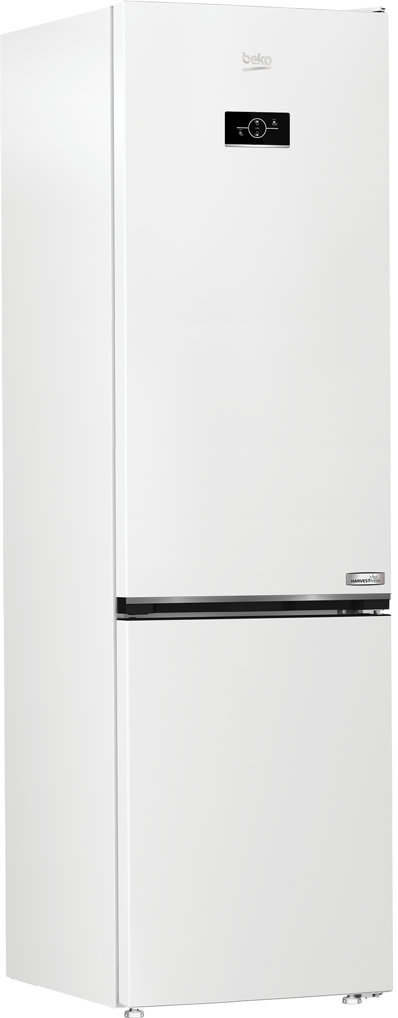 Biała lodówka z cyfrowym panelem sterowania i logo Beko.