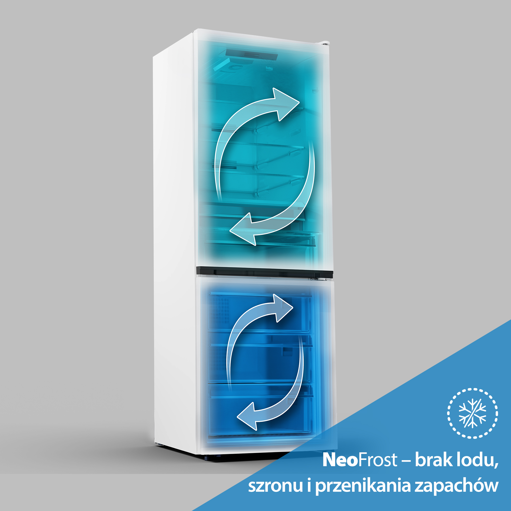 Biała lodówka z niebieskimi strzałkami wskazującymi cyrkulację powietrza.