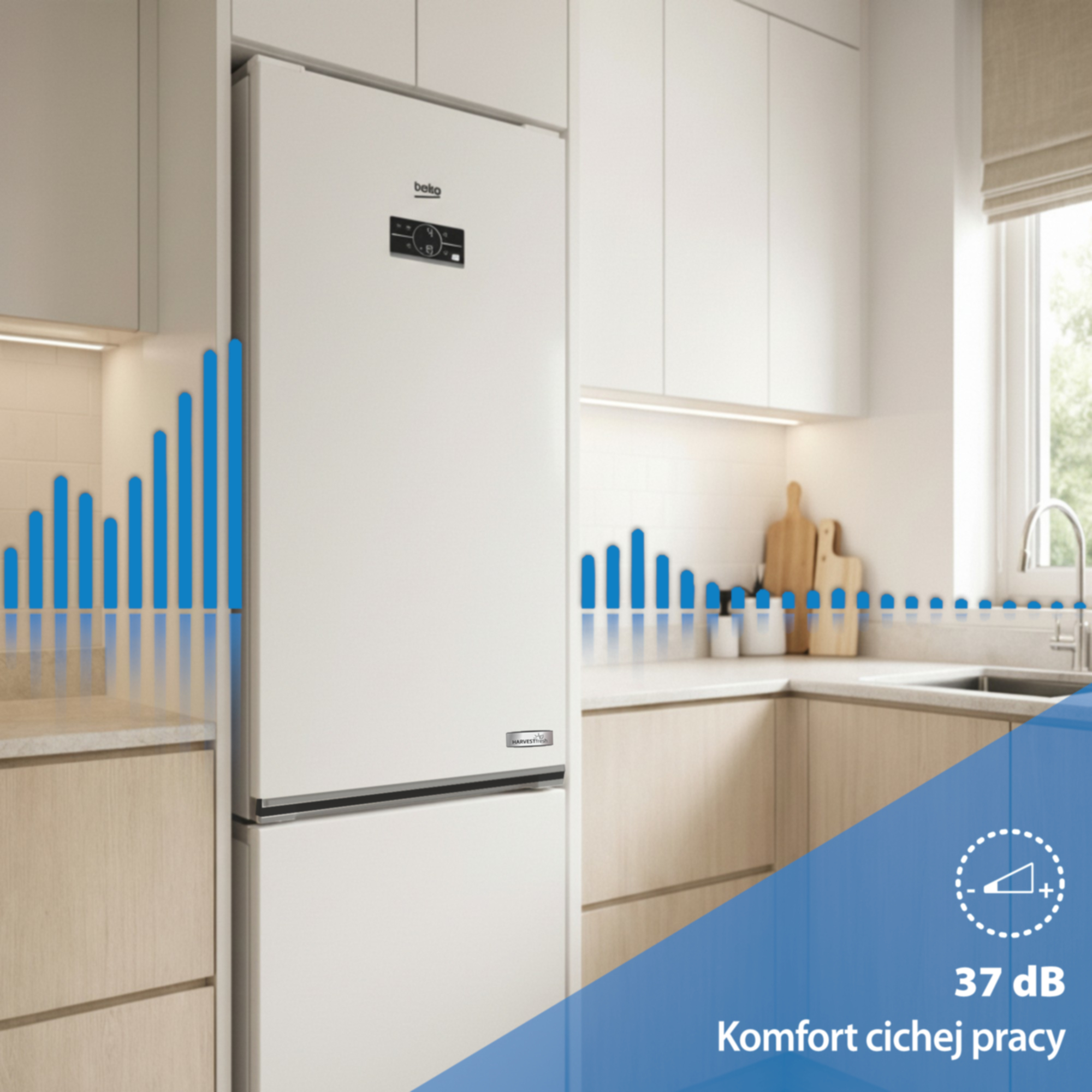 Biała lodówka w nowoczesnej kuchni z niebieskimi wykresami słupkowymi.