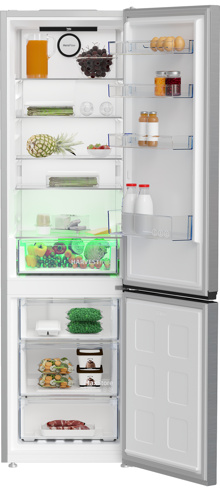 Otwarta lodówka z sokiem, wiśniami, szparagami, ananasem, jajkami i mięsem.