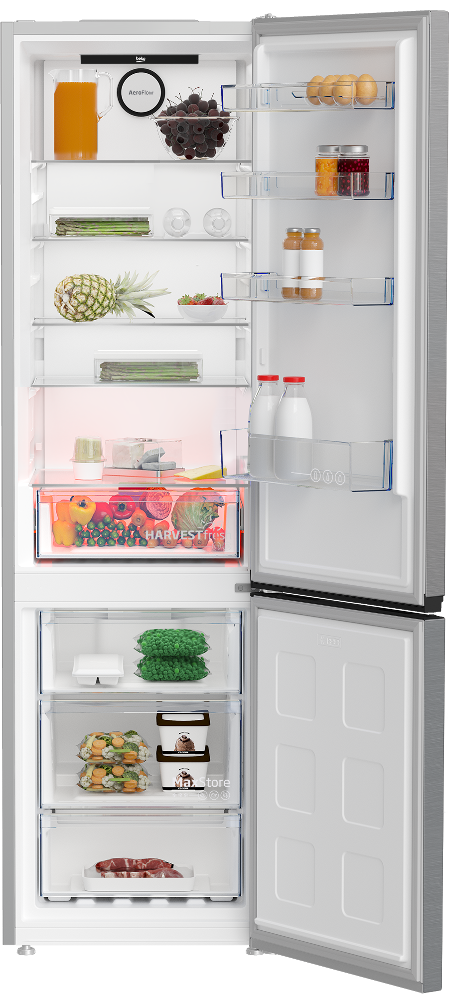 Otwarta lodówka z owocami, warzywami, jajkami, mlekiem i mięsem.