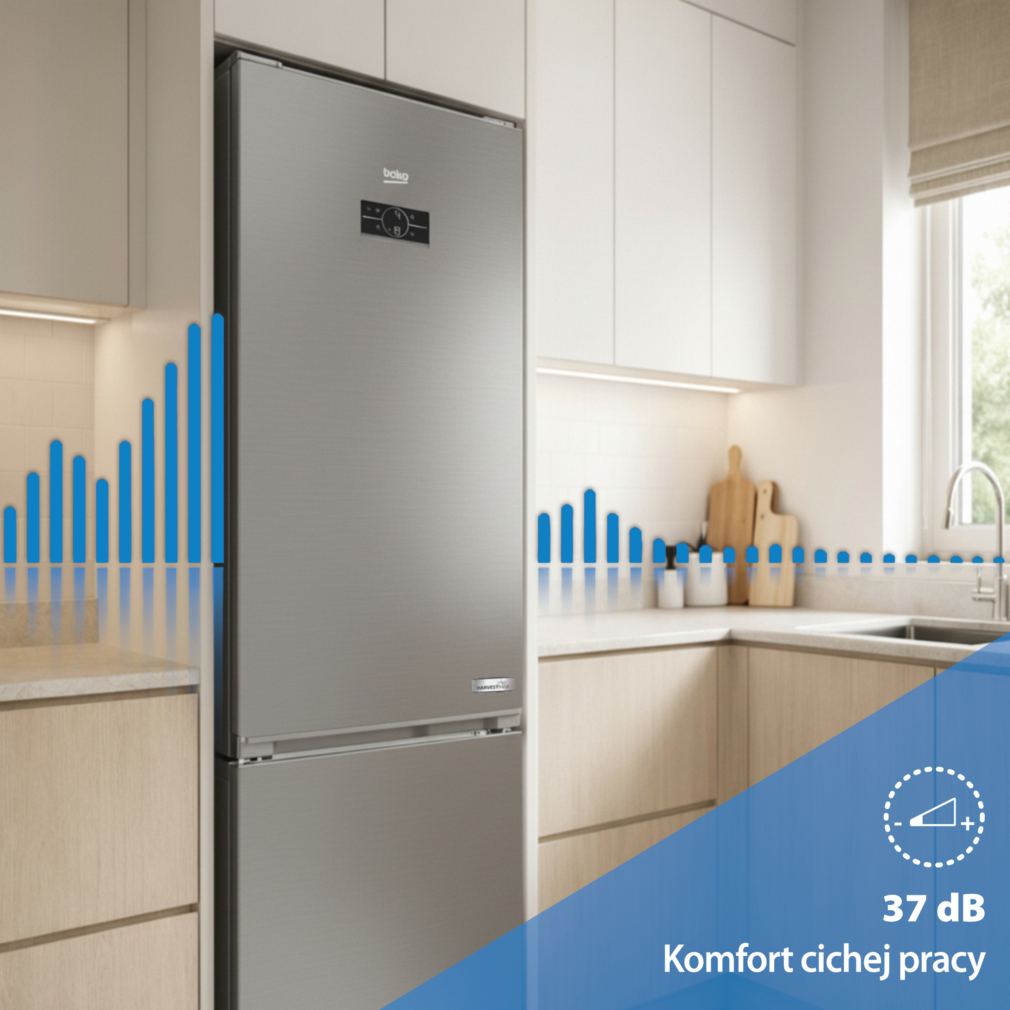Nowoczesna lodówka w kuchni z ikoną dźwięku i 37 dB.