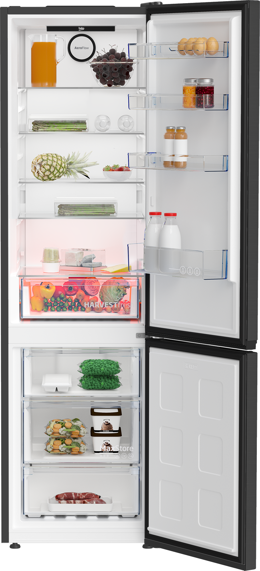 Otwarta lodówka wypełniona sokiem, jagodami, jajkami, owocami, warzywami, lodami i mięsem.