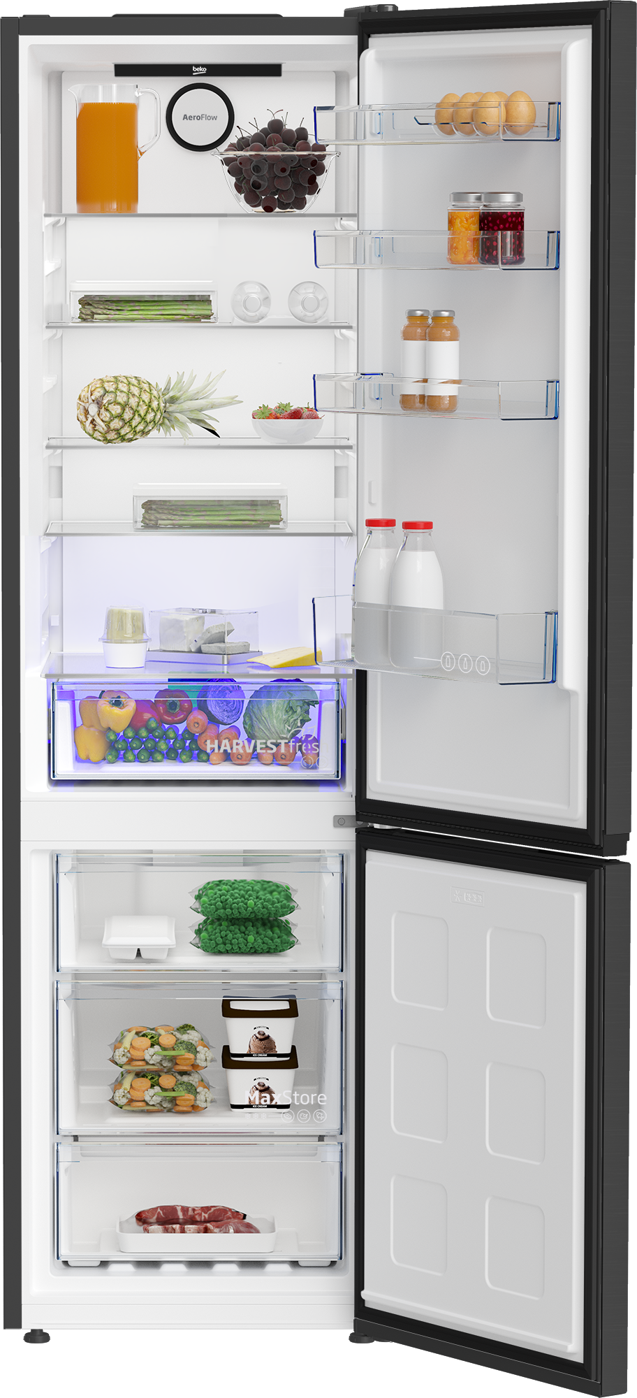 Otwarta lodówka z sokiem, wiśniami, jajkami, produktami i mięsem.