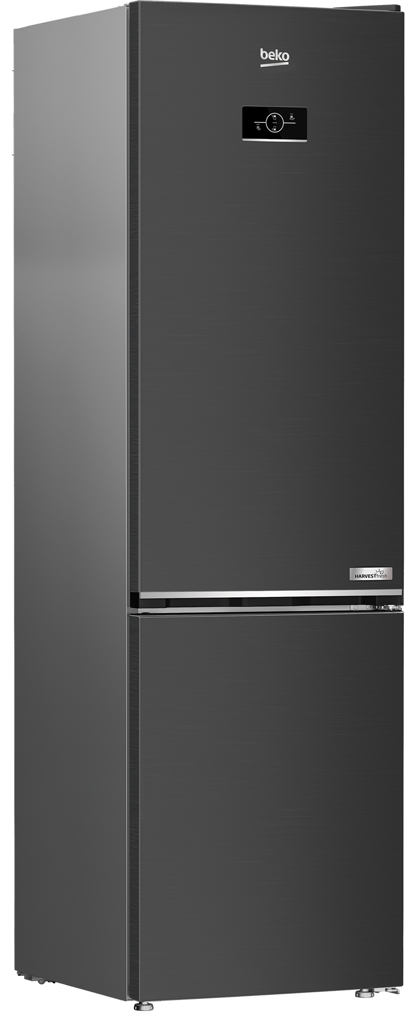 Ciemnoszara lodówka Beko z ekranem dotykowym i srebrnymi akcentami.