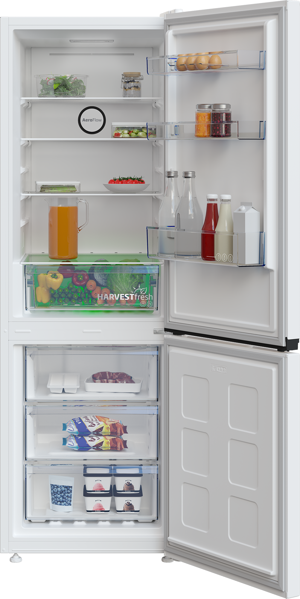 Otwarta lodówka z jedzeniem: warzywa, owoce, jajka, mleko i lody.