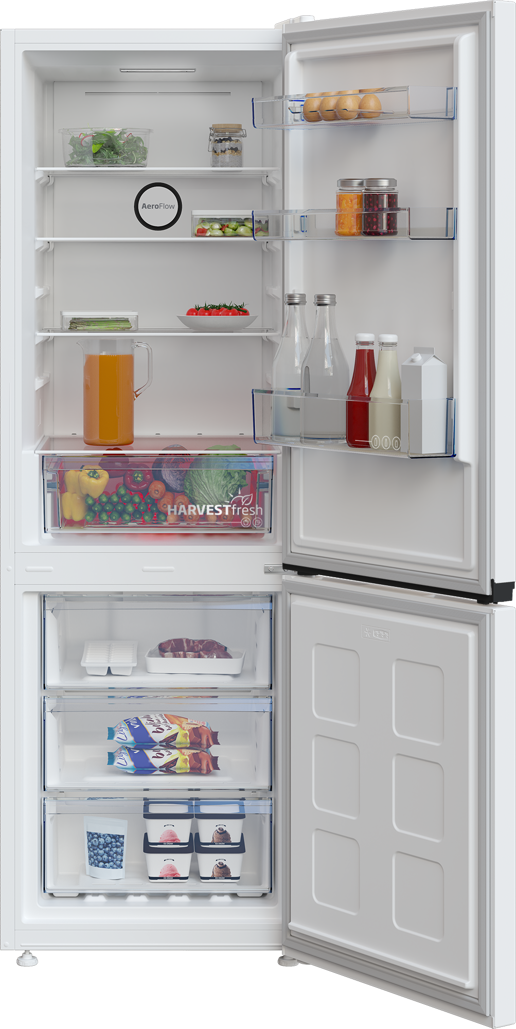 Otwarta lodówka z jedzeniem: jajka, napoje, warzywa, mięso i lody.