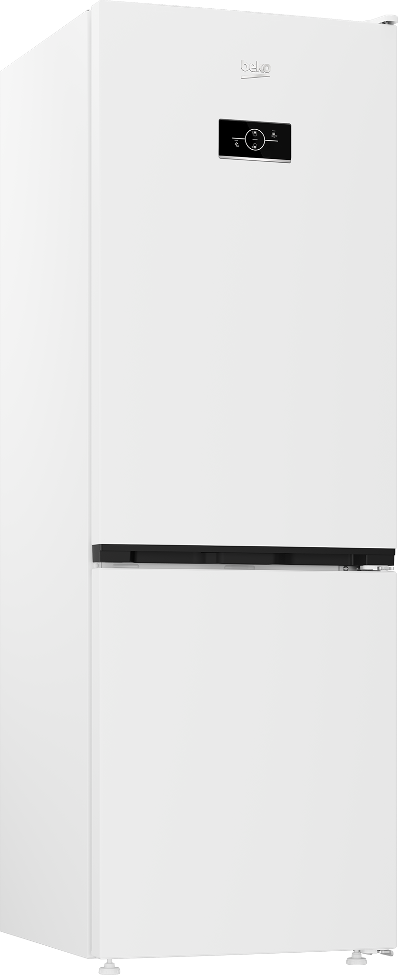 Biała chłodziarko-zamrażarka Beko z cyfrowym panelem.