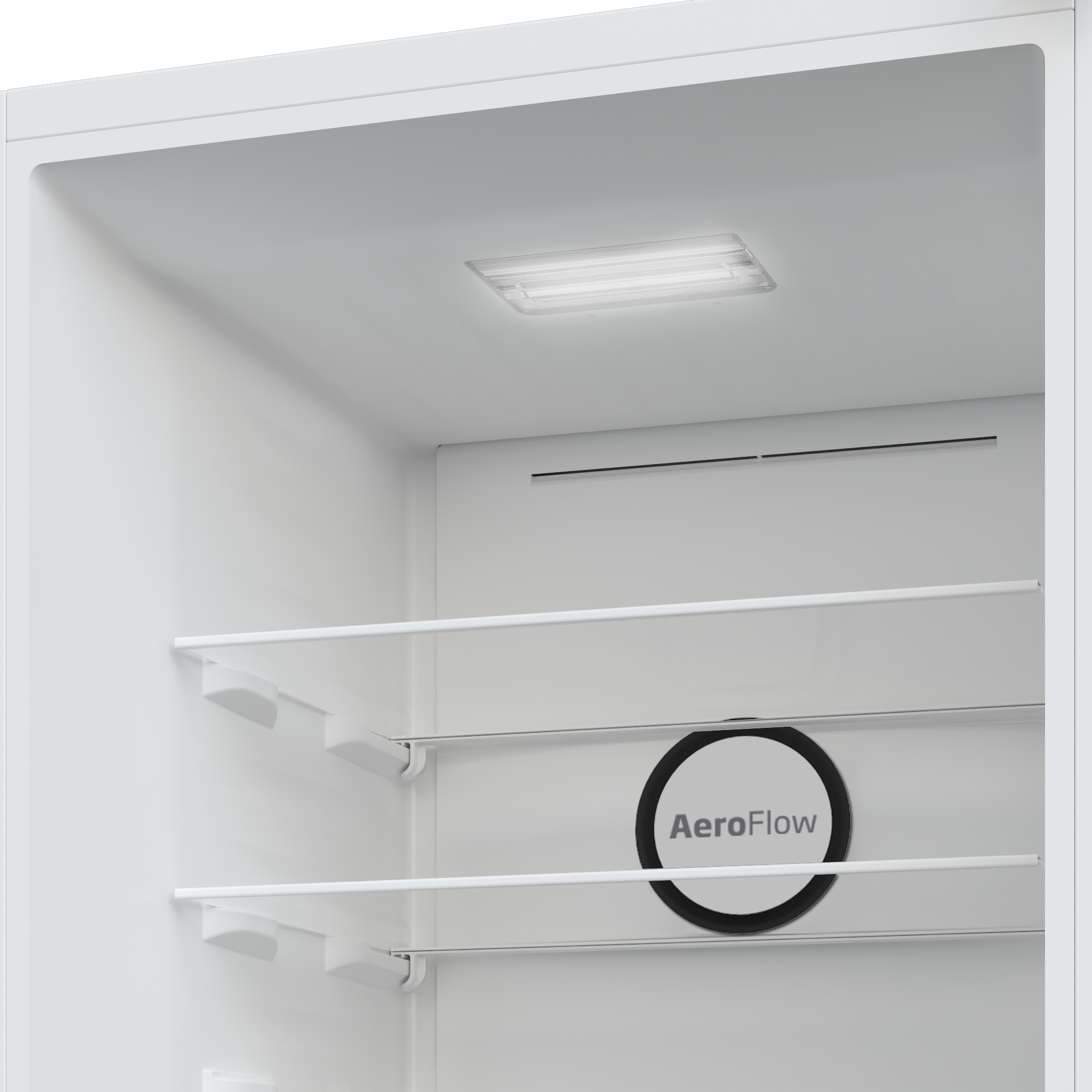 Wnętrze białej lodówki z półkami i wentylacją AeroFlow.