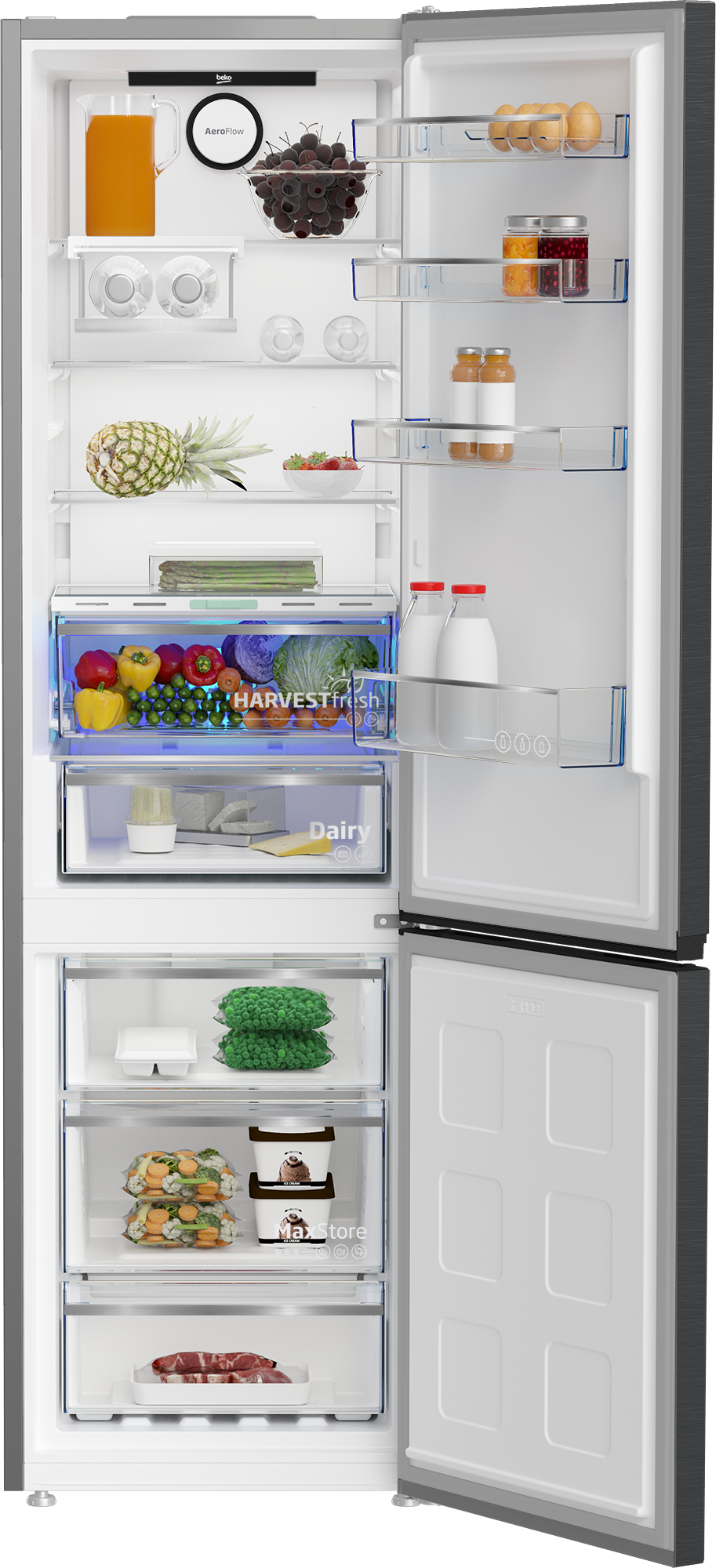 Otwarta lodówka wypełniona jedzeniem: sok, owoce, warzywa, jajka, mleko i mięso.