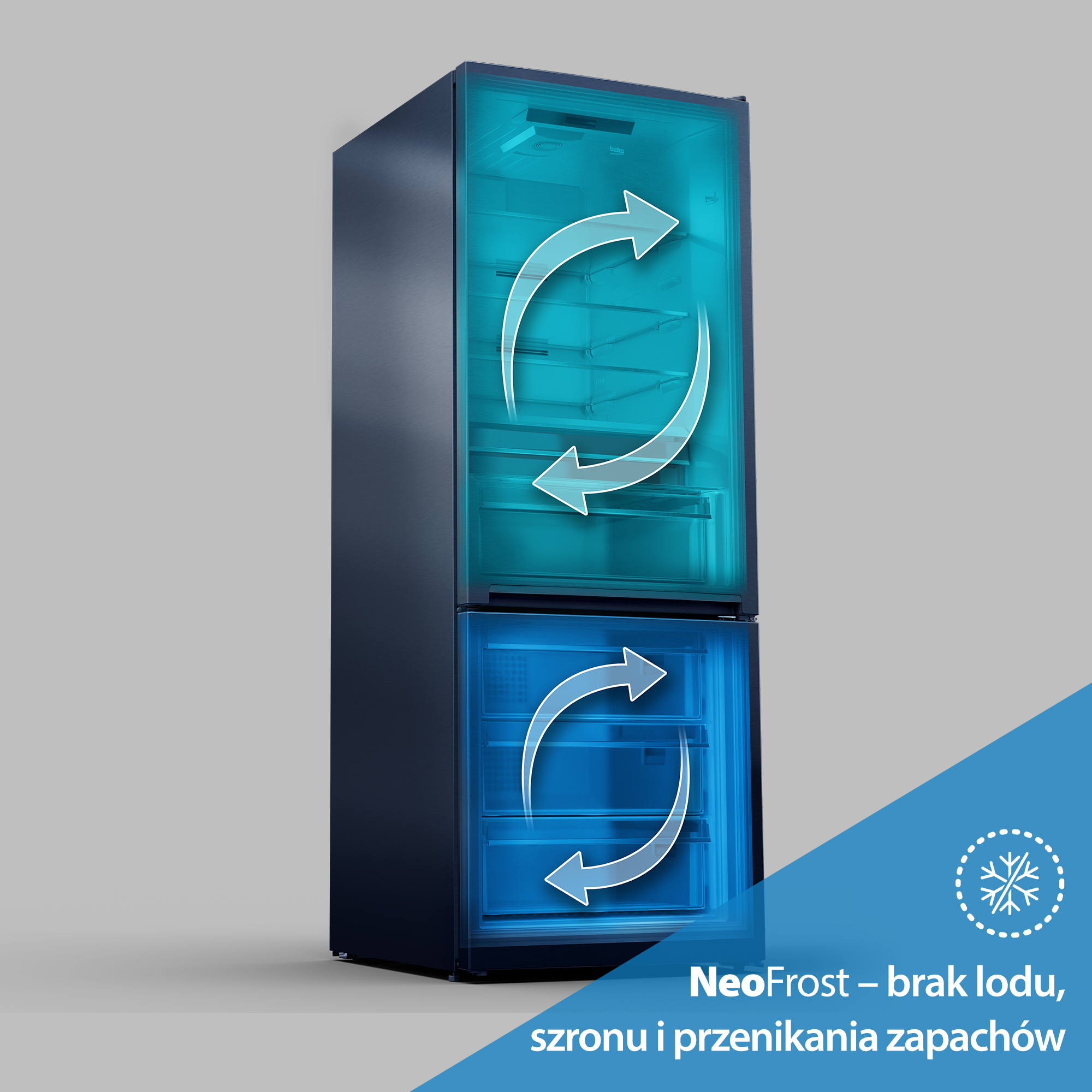Ciemnoniebieska lodówka z podświetlanym wnętrzem i strzałkami pokazującymi cyrkulację powietrza.