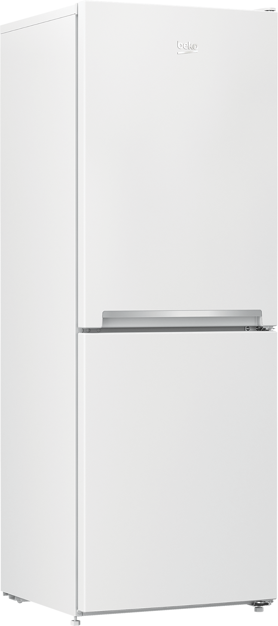 Biała lodówka Beko z dwojgiem drzwi i srebrnym uchwytem.