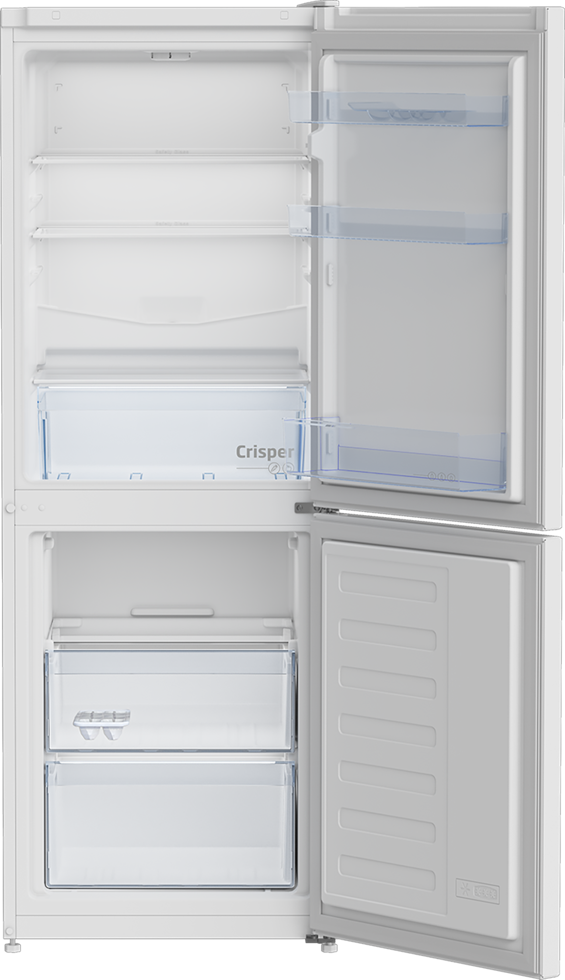 Otwarta biała lodówka z półkami i szufladami w środku.