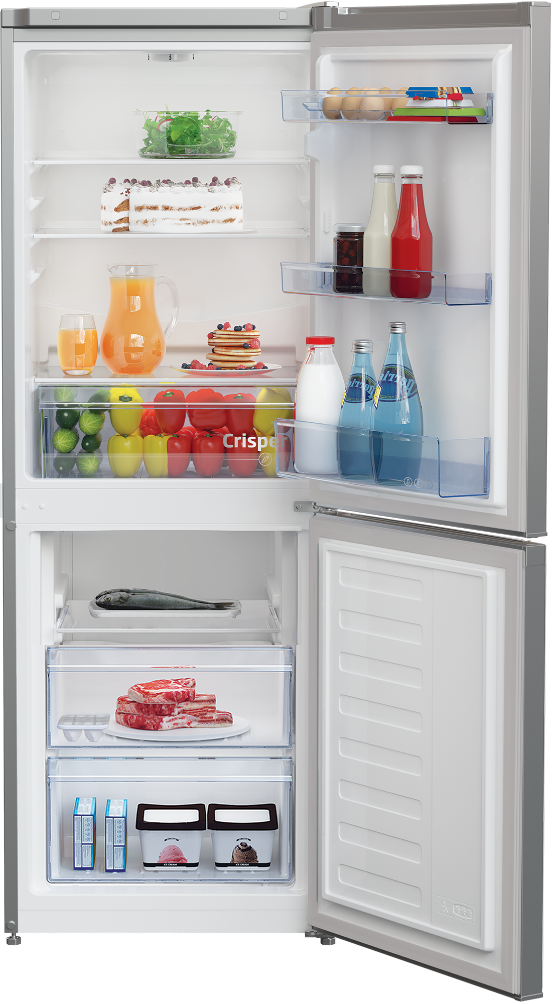 Otwarta lodówka z jedzeniem: ciasto, owoce, warzywa, mięso, ryby i lody.