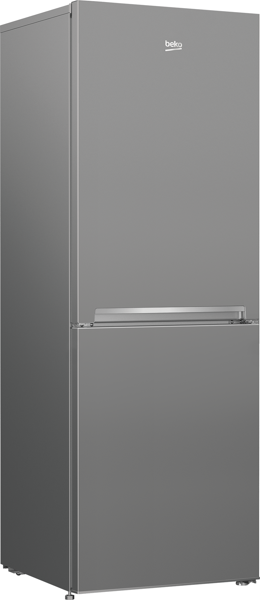 Srebrna lodówka Beko z zamrażarką na górze i srebrnym uchwytem.