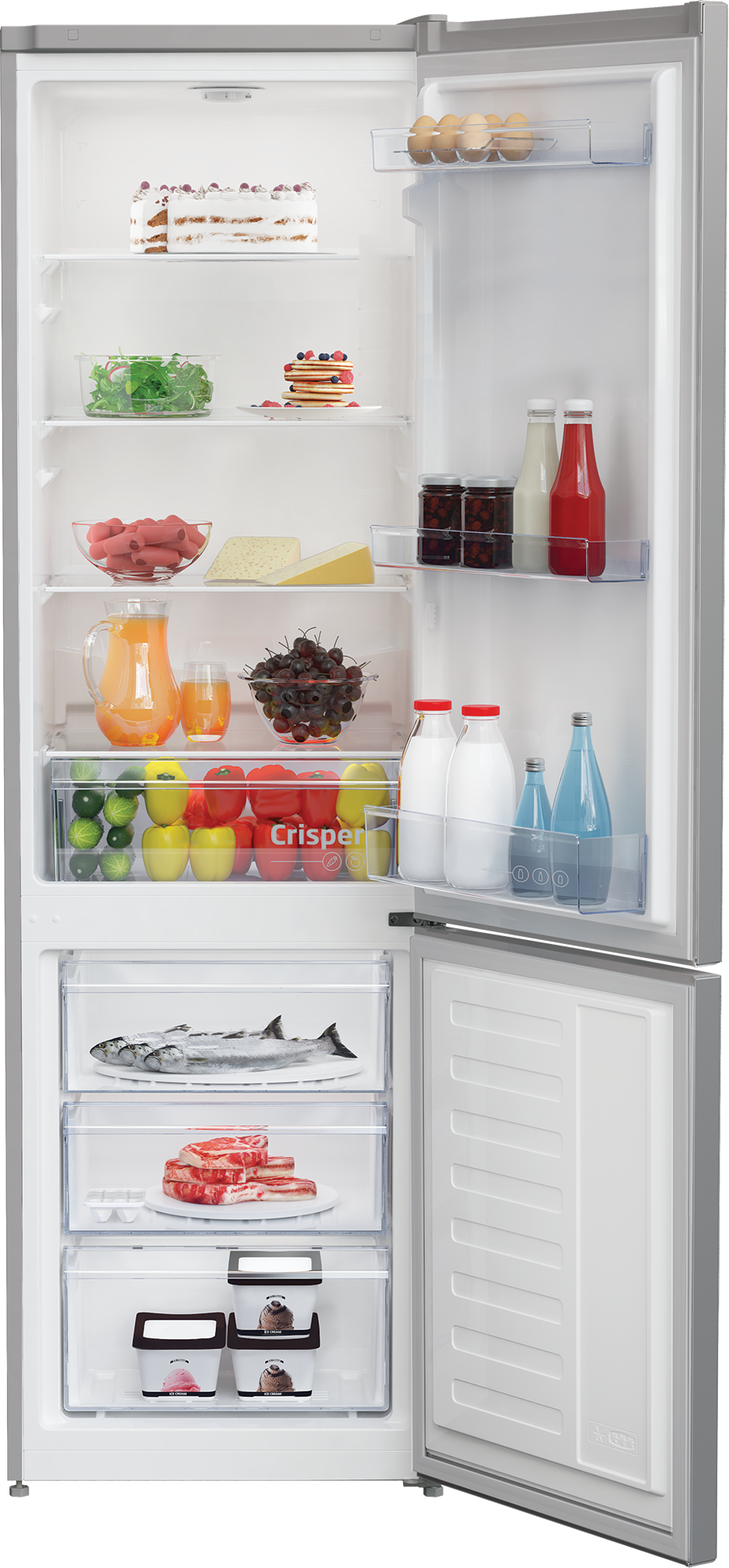 Otwarta lodówka z jedzeniem: ciasto, jajka, sałatka, naleśniki, kiełbaski, ser, sok, jagody, warzywa, ryby, mięso, lody.