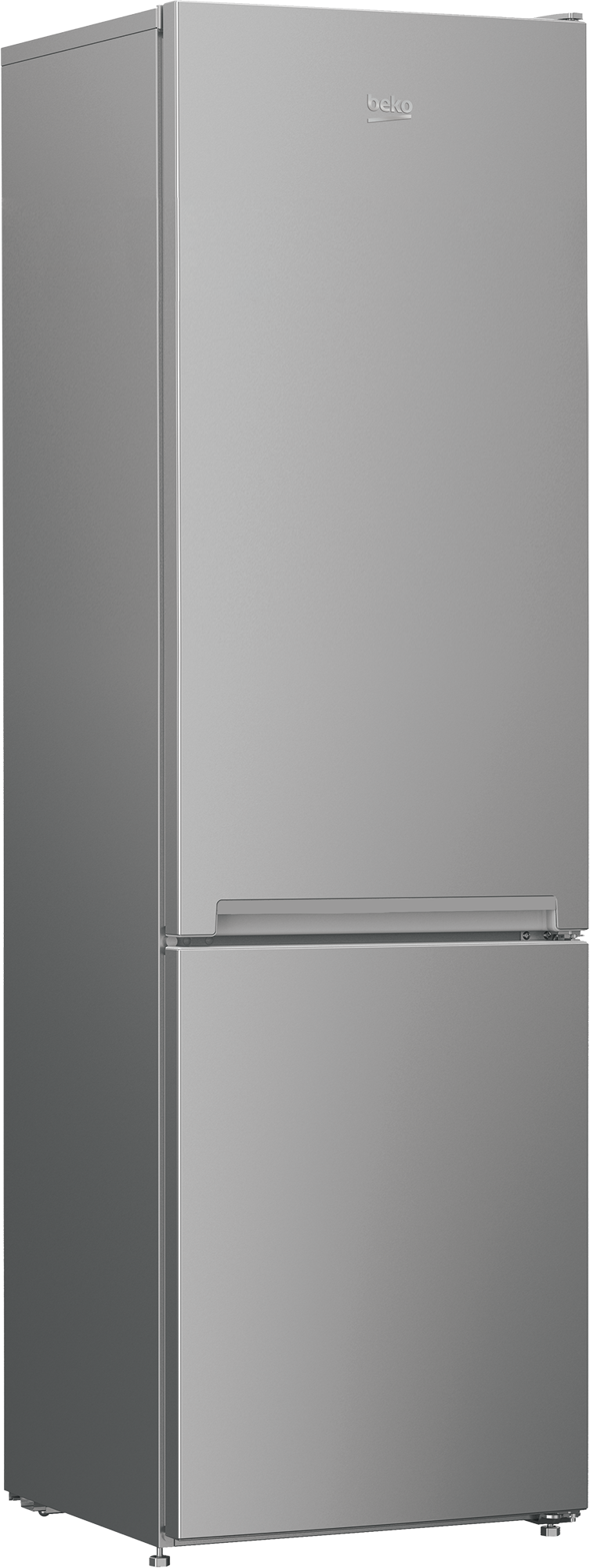 Srebrna lodówka z zamrażarką, z logo Beko na górze.