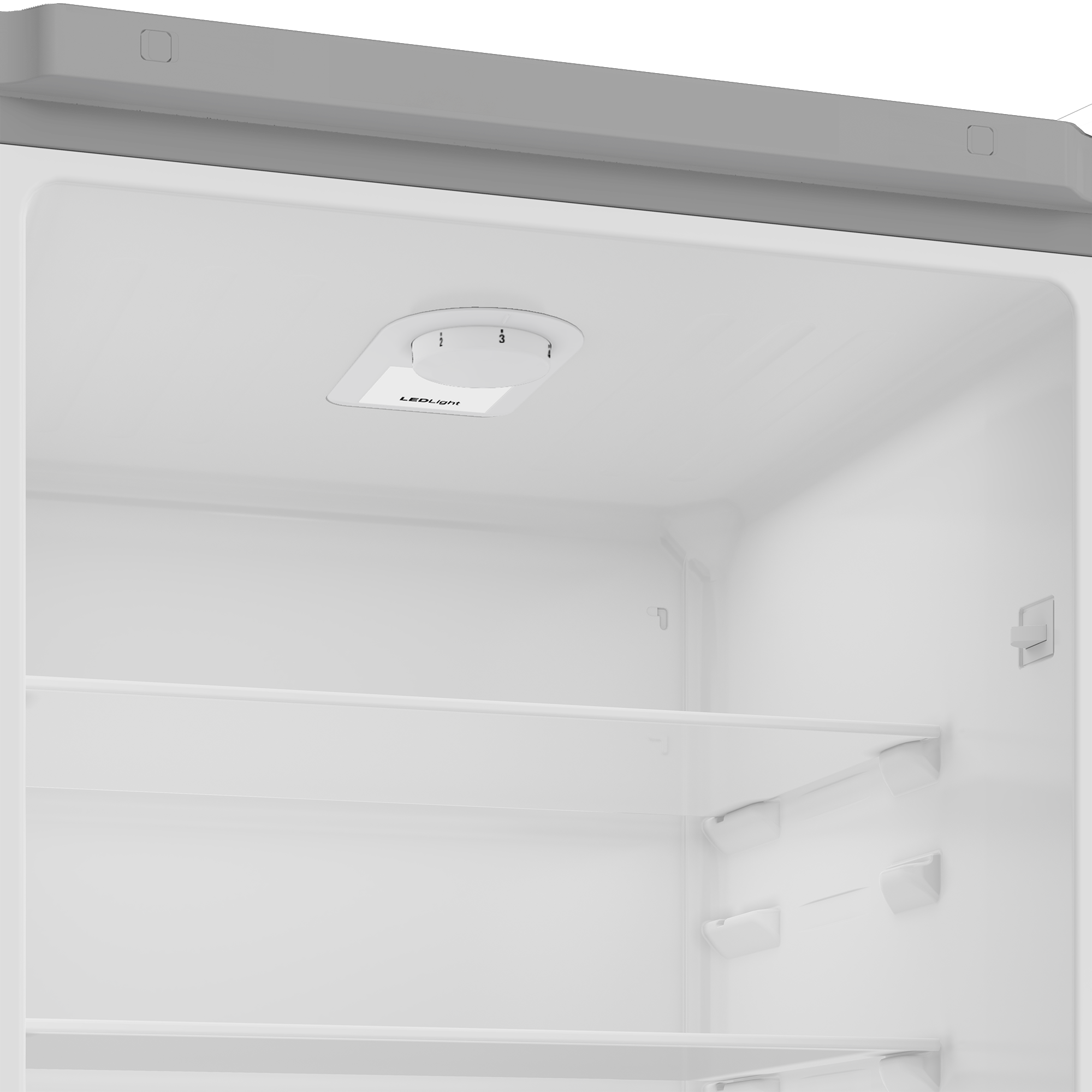 Widok wnętrza pustej lodówki z pokrętłem sterowania światłem LED.