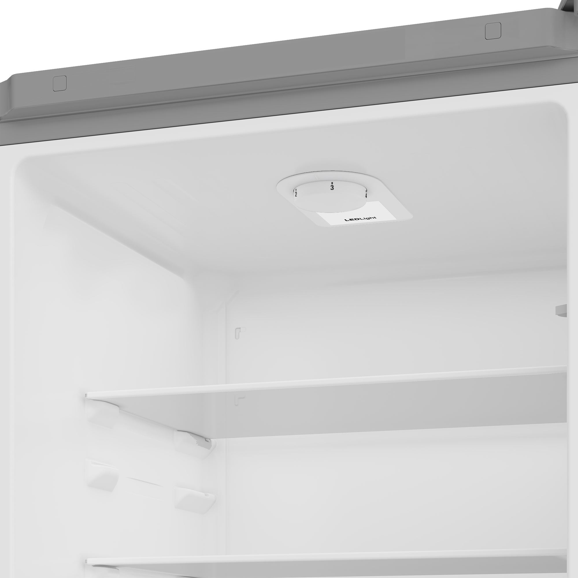 Widok wnętrza pustej lodówki z półkami i światłem LED.