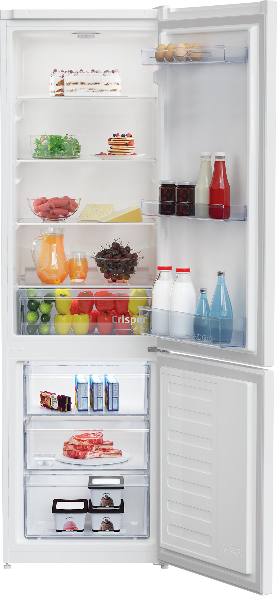 Otwarta biała lodówka z jedzeniem: ciasto, sałatka, jajka, sok, jagody, warzywa, mięso i lody.