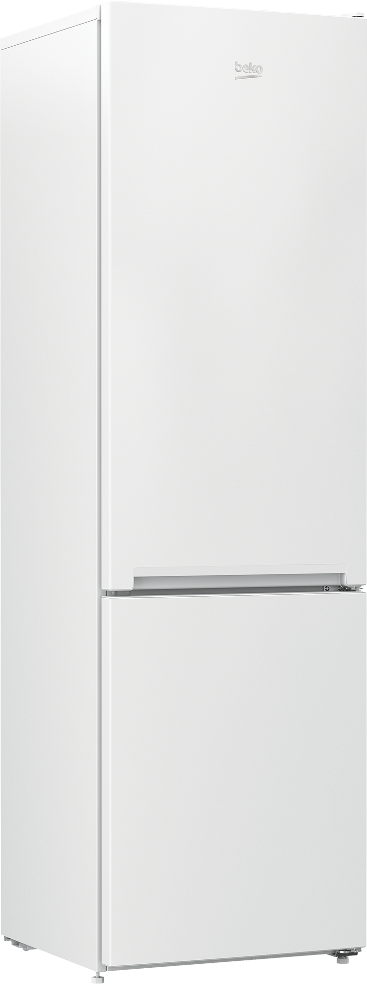 Biała lodówka z dwojgiem drzwi i logo Beko na górze.