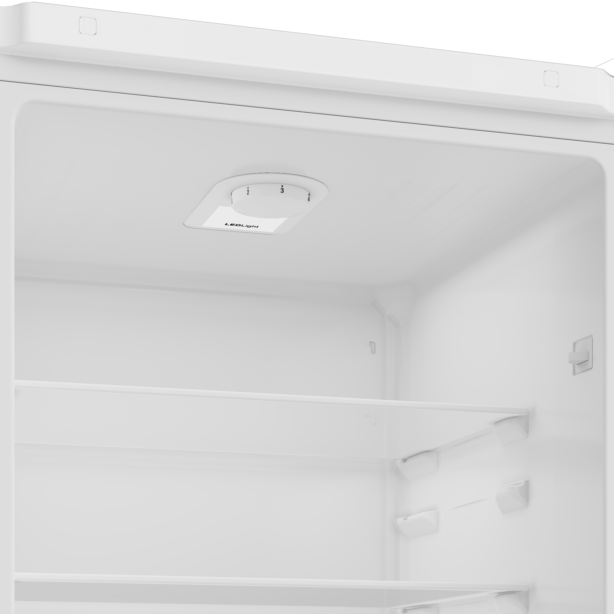 Wnętrze białej lodówki z półkami i sterowaniem światłem LED.