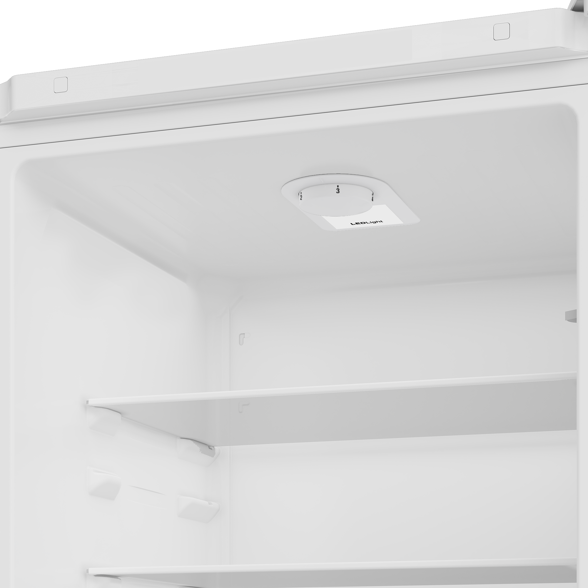 Wnętrze białej lodówki z półkami i oświetleniem LED na suficie.