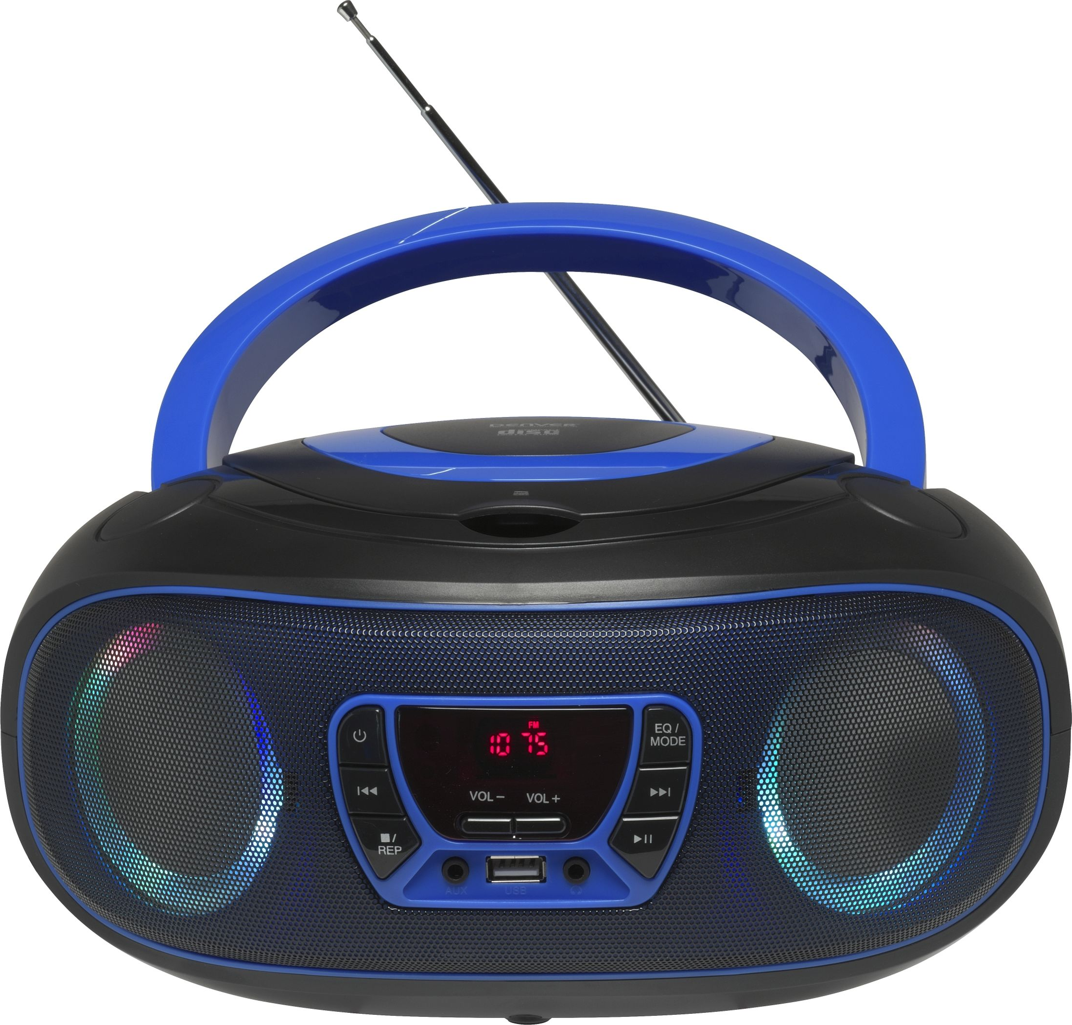 Une boombox portable noire et bleue avec un écran radio et des haut-parleurs éclairés.