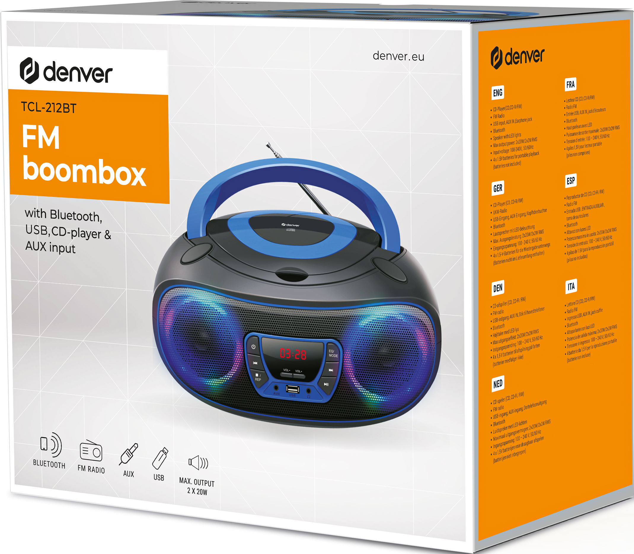 Boombox FM Denver avec Bluetooth, USB, lecteur CD et entrée AUX. Accents bleus, lumières LED.