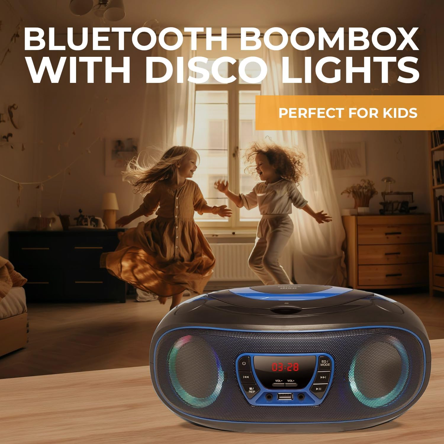 Une boombox Bluetooth avec des lumières colorées, près de deux enfants qui dansent.